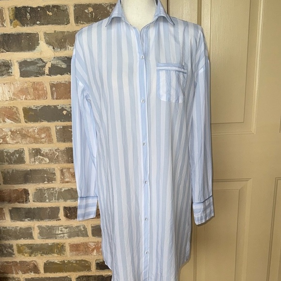 Stars Above Simply Cool Blue Striped Button-Up Sleep Shirt Satin Trim Sz S - Picture 12 of 12